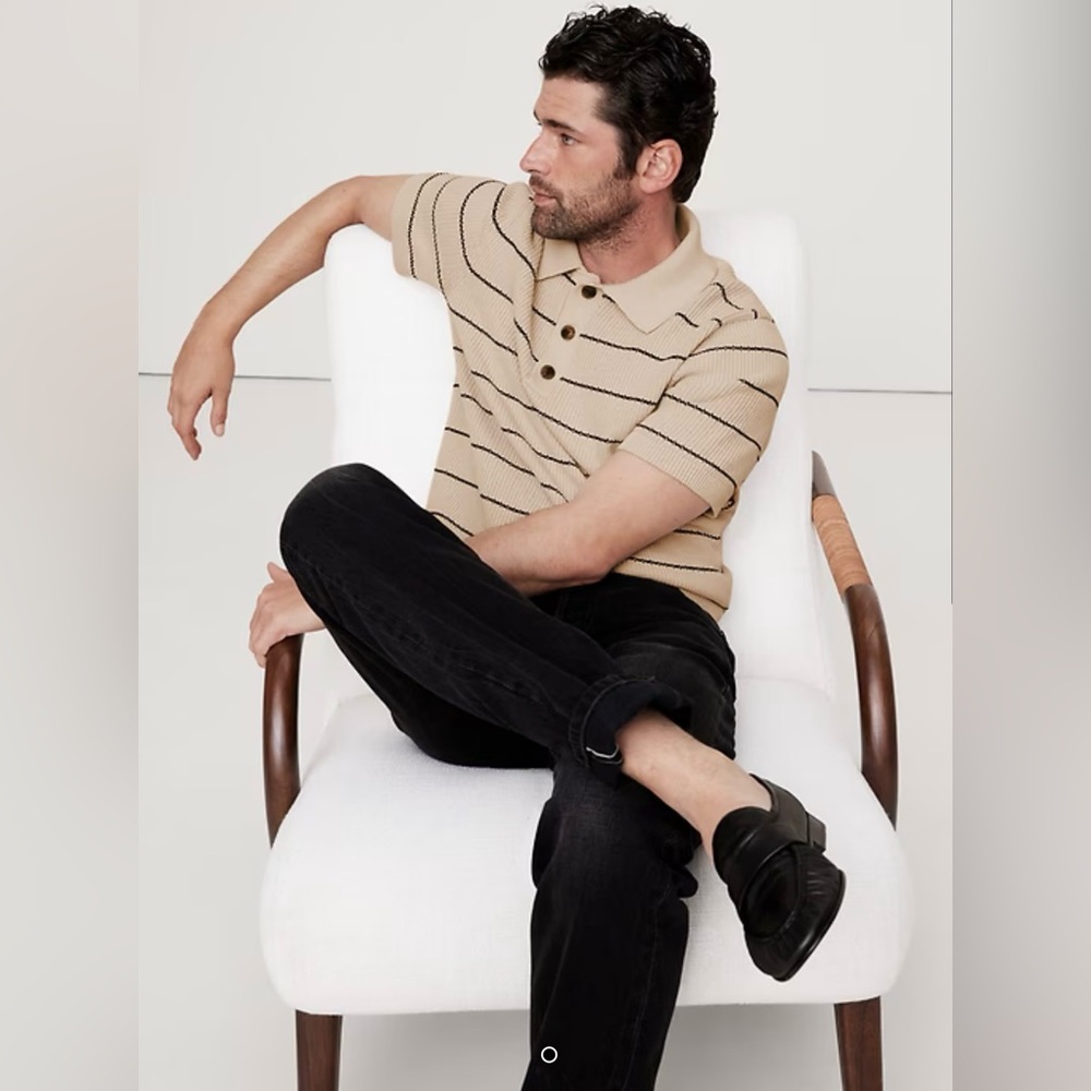 BANANA REPUBLIC Men’s Cotton-Blend Sweater Polo Tan with Black Stripes Size L